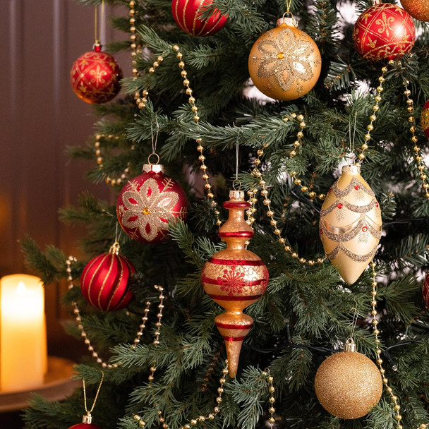 Valery Madelyn Glass Christmas Ornaments Set, 10ct Red and Gold Mercury Blown Glass Christmas Tree Ball Decorations, Luxury Xmas Hanging Teardrop Finial Faceted Reflector for Holiday Decor