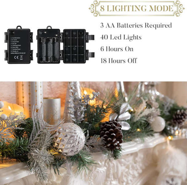 Valery Madelyn 9 feet Pre-Lit Christmas Garland with Lights for Mantle, Lighted Battery Operated Xmas Garland with Royal Silver White Balls for Front Door Fireplace Table Centerpiece Outdoor Decor