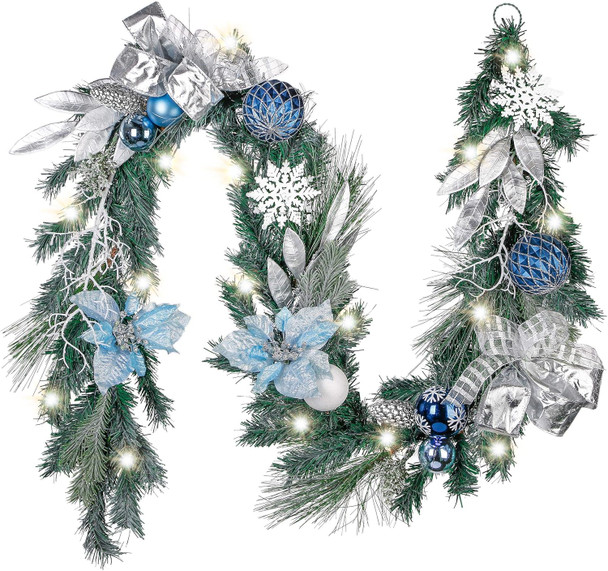 Valery Madelyn Pre-Lit Christmas Garland with Lights for Mantle, 6 feet Lighted Battery Operated Xmas Garland with Silver Light Blue Balls for Front Door Fireplace Table Centerpiece Outdoor Decor