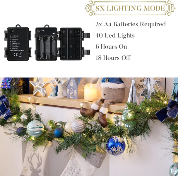 Valery Madelyn 9 feet Pre-Lit Christmas Garland with Lights for Mantle, Lighted Battery Operated Xmas Garland with Silver Blue Balls Ribbons for Front Door Fireplace Table Centerpiece Outdoor Decor