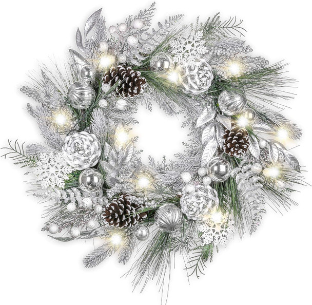 Valery Madelyn 24 Inch Pre-Lit Christmas Wreath for Front Door with Lights, Large Lighted Christmas Wreath with Silver Xmas Balls Snowflakes for Fireplace Window Outdoor Table Centerpiece Decoration