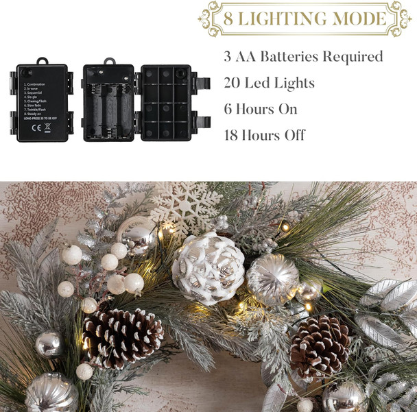 Valery Madelyn 24 Inch Pre-Lit Christmas Wreath for Front Door with Lights, Large Lighted Christmas Wreath with Silver Xmas Balls Snowflakes for Fireplace Window Outdoor Table Centerpiece Decoration