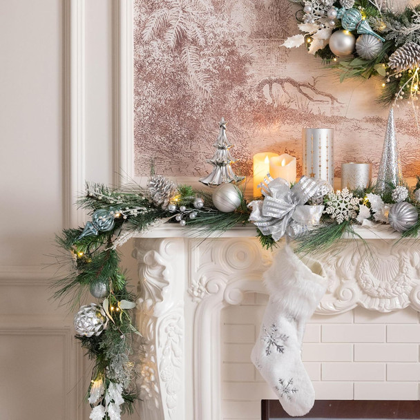 Valery Madelyn 9 feet Pre-Lit Christmas Garland with Lights for Mantle, Lighted Battery Operated Xmas Garland with Silver White Balls Ribbons for Front Door Fireplace Table Centerpiece Outdoor Decor