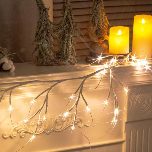 Vanthylit Lighted Christmas Garland, 6 FT White Birch Garlands with 48 LED Warm White Lights, Waterproof Outdoor White Twig Branch Garland Plug in Xmas Decoration for Bedroom Fireplace Mantle Mantel