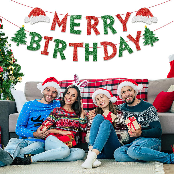 Christmas Decorations Indoor Merry Birthday Party Banners, Glittery Christmas Decor Banner for Party, Red Green Christmas Tree Garland Banner Home Fireplace Decor Xmas Decorations