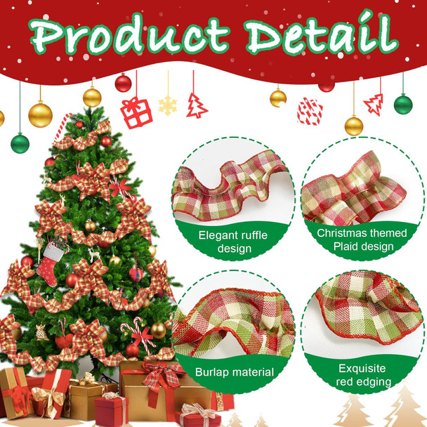 6 Rolls Christmas Tree Ribbon Garland Ruffled Wired Plaid Ribbon Garland for Christmas Tree White Red Green Plaid Ribbon Xmas Tree Garland Vintage Rustic Farmhouse Home Decor 54 Ft (Grid)