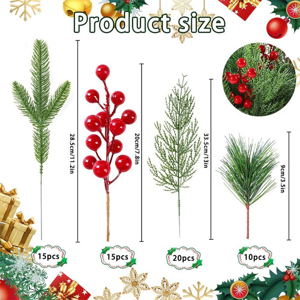 60 PCS Artificial Pine Branches Christmas Faux Pine Greenery Stems Red Holly Berries Fake Cedar Pine Needles Picks for Christmas Tree Wreath Garland DIY Crafts Holiday Home Decoration