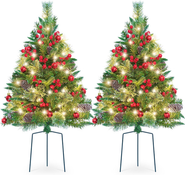 Set of 2 Outdoor Pathway Christmas Trees, 30” Battery Operated Pre-Lit Artificial Xmas Trees with 35 LED Lights, 8 Flash Modes, Holiday Décor for Porch Yard with Red Berries/Pine Cones/Ball Ornaments