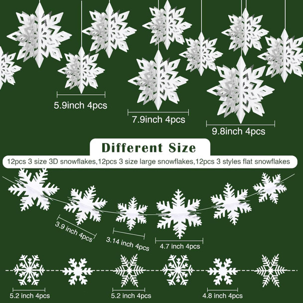 36PCS Christmas Hanging Snowflakes Decorations,24PCS 3D White Snowflakes Ornaments and 12PCS Flat Snowflakes Garland for Christmas Winter Wonderland Holiday Party Home Decor