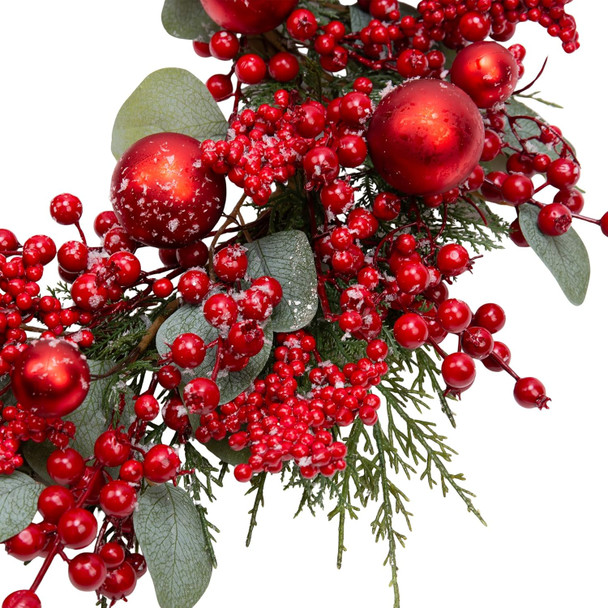 VGIA 20 Inch Christmas Wreath for Front Door Snowy Winter Wreath Christmas Decorations with Christmas Balls Artificial Red Berry Wreath with Pine Needles for Indoor Outdoor Xmas Decor