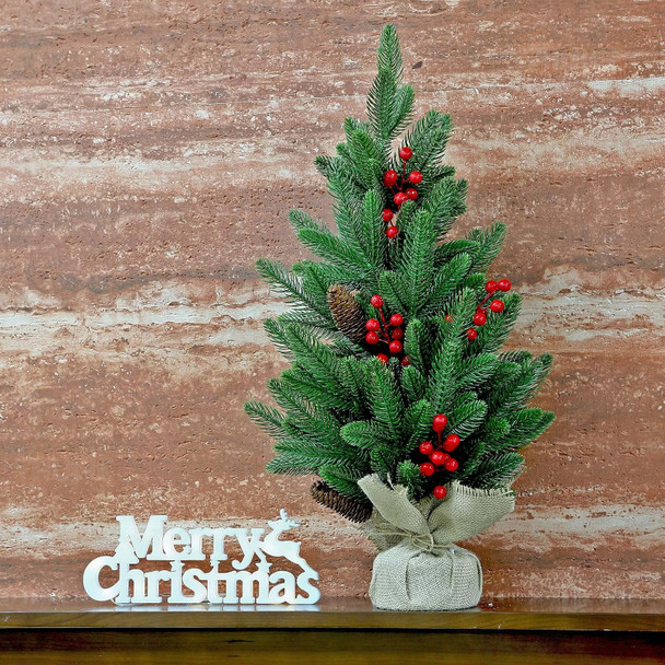 28 Inch Tabletop Christmas Tree, 2.33 Ft Artificial Small Little Real Natural Touch Pine Tree with Red Berries Pine Cones Merry Christmas for Indoor Table Desk Home Bedroom Christmas Decorations