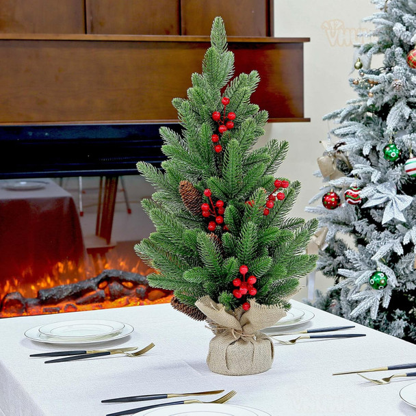 28 Inch Tabletop Christmas Tree, 2.33 Ft Artificial Small Little Real Natural Touch Pine Tree with Red Berries Pine Cones Merry Christmas for Indoor Table Desk Home Bedroom Christmas Decorations