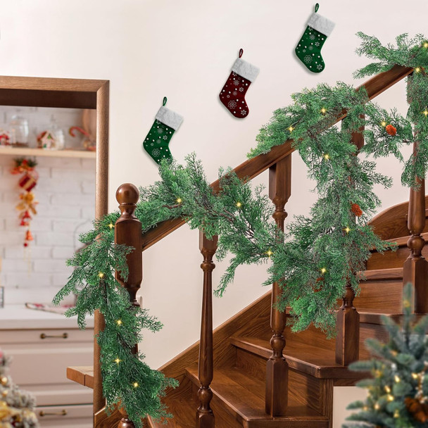 8.8FT Pre-lit Artificial Christmas Garland with Pine Cones, Real Touch Cedar Garland Artificial Pine Cypress Vines,Greenery Garland for Xmas Table Mantle Room Indoor Background Wall Decoration