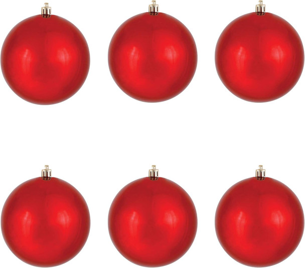 Vickerman 4" Red Shiny Ball Christmas Ornament, Shatterproof UV Resistant Plastic, Set of 6 for Christmas Tree Decor - Floral Wire for Reliable Hanging.