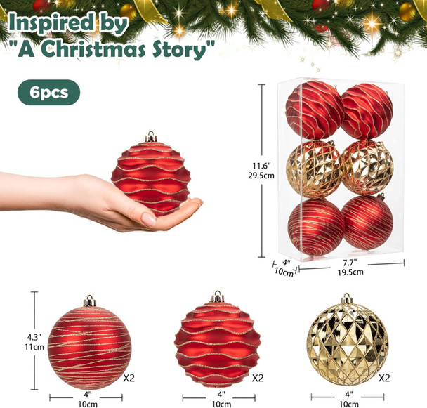 4.3" Large Christmas Balls Ornaments Set, 6-Pack Xmas Tree Decorations Balls, Shatterproof Glossy Pendant Plastic Indoor Christmas Decorations, Red and Gold Assorted Hanging Ball for Holiday, Party