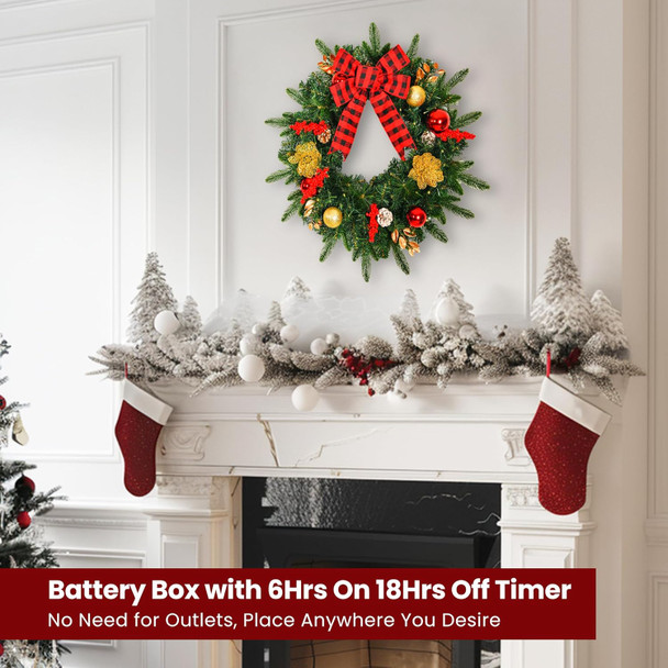 24inch Extra Large Pre-lit Christmas Wreath 8 Modes Lighting Artificial Deluxe Lighted Christmas Wreath Decorations Ornament with LED Lights Door Window Fireplace Decor Timer Function (24 INCH)