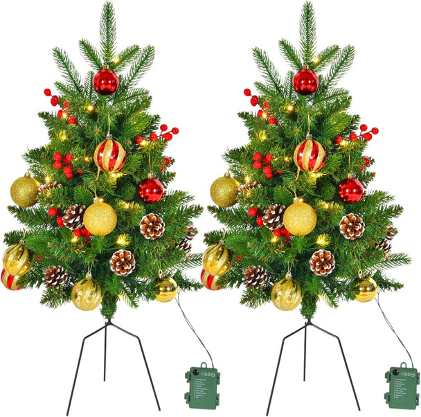 2Pcs Prelit Porch Christmas Trees 30 inch Lighted Outdoor Christmas Trees 120 LED Warm Light Lighted Pathway Flowerpot Christmas Trees with Timer Function Auto On/Off 8 Mode Lighting Battery Powered