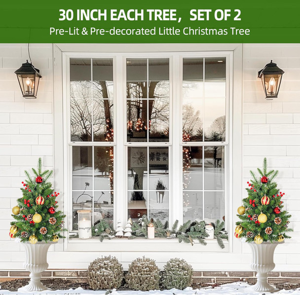 2Pcs Prelit Porch Christmas Trees 30 inch Lighted Outdoor Christmas Trees 120 LED Warm Light Lighted Pathway Flowerpot Christmas Trees with Timer Function Auto On/Off 8 Mode Lighting Battery Powered