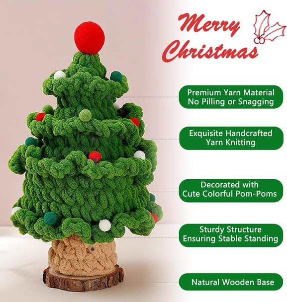 Mini Small Christmas Tree Handcrafted Knit Yarn Tabletop Christmas Trees with Adorable Pom Poms Wood Base Xmas Eve Festive Desktop Decor Cute Warm Holiday Accent Unique Handmade Idea