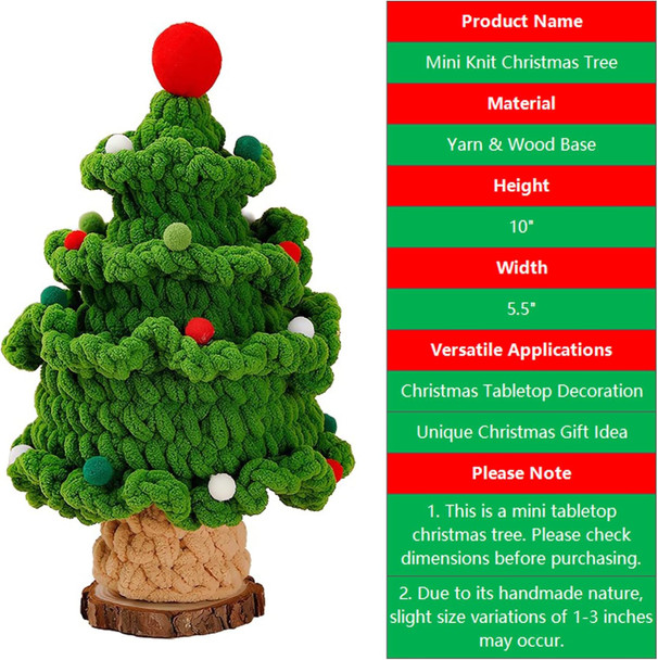 Mini Small Christmas Tree Handcrafted Knit Yarn Tabletop Christmas Trees with Adorable Pom Poms Wood Base Xmas Eve Festive Desktop Decor Cute Warm Holiday Accent Unique Handmade Idea