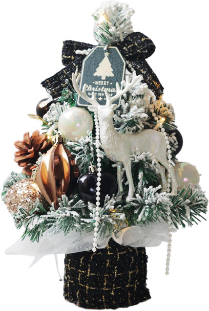 Small Christmas Tree Mini Tabletop Snowy Artificial Xmas Pine Trees with Wooden Base Decorative Ornaments Balls Festive DIY Desk Table Decoration Cute Warm Present (Black)