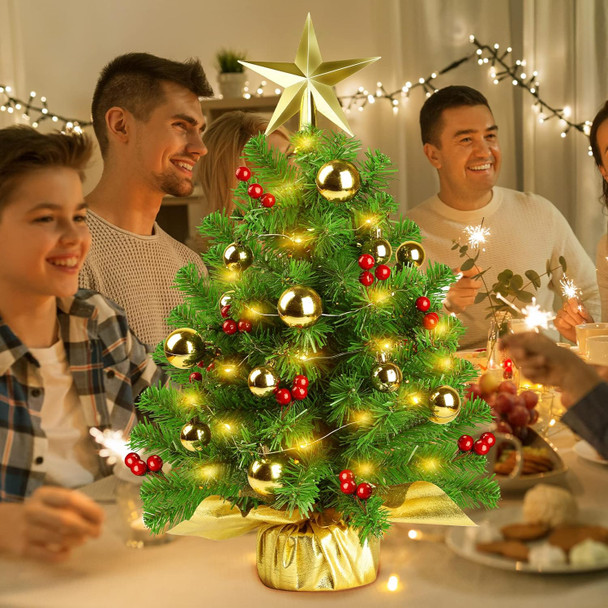 20" Mini Christmas Tree, Artificial Prelit Small Christmas Tree, Tabletop Christmas Tree Decorations with Warm Lights, Treetop Star, Gold Ornaments, Red Berries and Cloth Bag Base