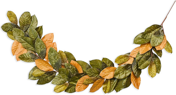 6ft Magnolia Leaf Garland - 2-Tone Brown and Green Realistic Fall Garland for Mantle Decorations - Decorative Artificial Faux Magnolia Leaves for Christmas, Thanksgiving, Wedding Decor