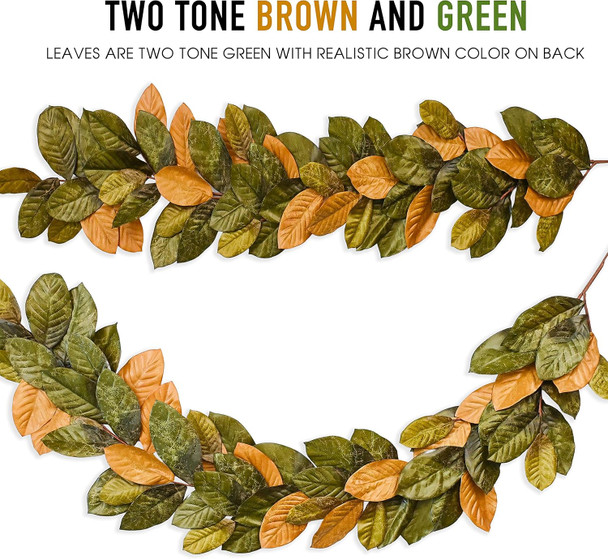 6ft Magnolia Leaf Garland - 2-Tone Brown and Green Realistic Fall Garland for Mantle Decorations - Decorative Artificial Faux Magnolia Leaves for Christmas, Thanksgiving, Wedding Decor