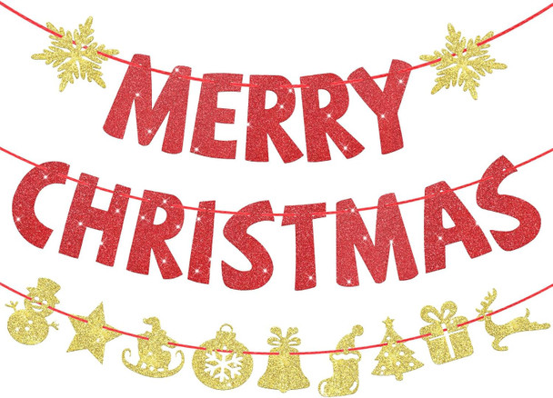 Set of 3 Pre-Strung Merry Christmas Banner Merry Christmas Garland Glitter Xmas Sign Inside Hanging Decor Outdoor Indoor Decoration for Home Holiday Party Supplies Porch(Red, Gold)