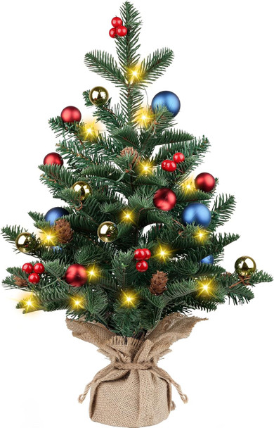 24 Inch Pre-lit Artificial Mini Christmas Tree, Vlorart Christmas Tree Tabletop Small Christmas Tree with Lights Includes Colored Balls, Berries, Pine Cones, and Cloth Bag Base