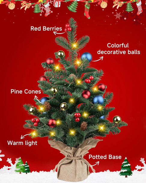 24 Inch Pre-lit Artificial Mini Christmas Tree, Vlorart Christmas Tree Tabletop Small Christmas Tree with Lights Includes Colored Balls, Berries, Pine Cones, and Cloth Bag Base