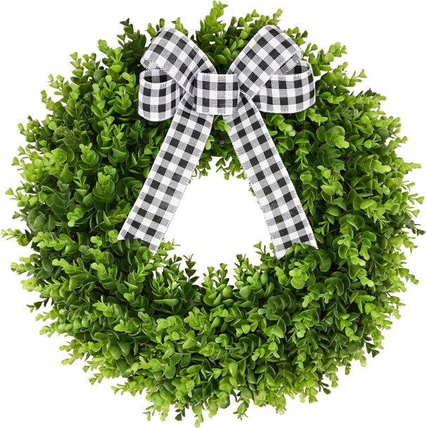 24" Faux Round Boxwood Wreath, Vlorart Artificial Boxwood Wreath Front Door Wreaths Artificial Spring Summer Greenery Hanging with A Plaid Bow and sash for Front Door Wall Hanging Window Wedding Decor