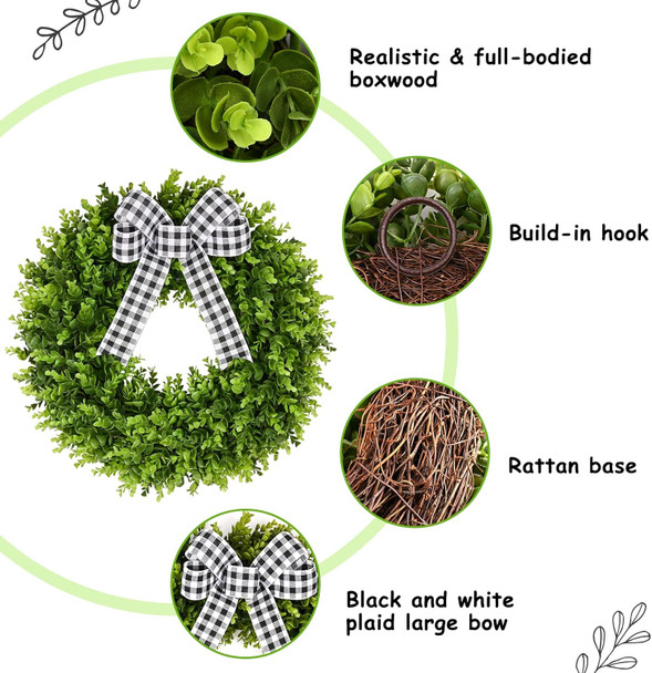 24" Faux Round Boxwood Wreath, Vlorart Artificial Boxwood Wreath Front Door Wreaths Artificial Spring Summer Greenery Hanging with A Plaid Bow and sash for Front Door Wall Hanging Window Wedding Decor