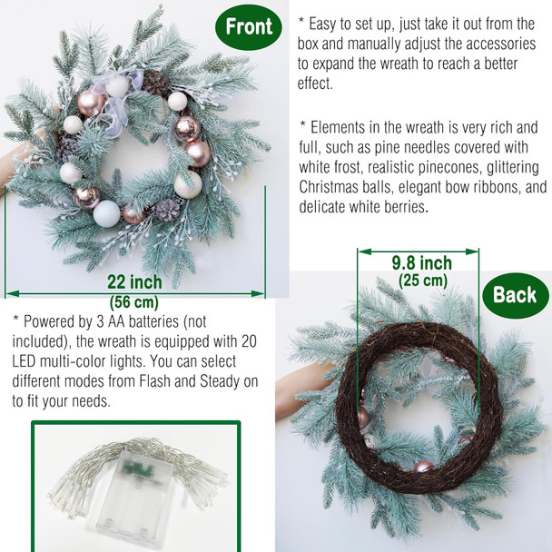 Christmas Wreaths for Front Door with Lights 22"-24" Christmas Door Wreath with Frosted Branches Ball Ornaments Berry Clusters Christmas Collection Decor.