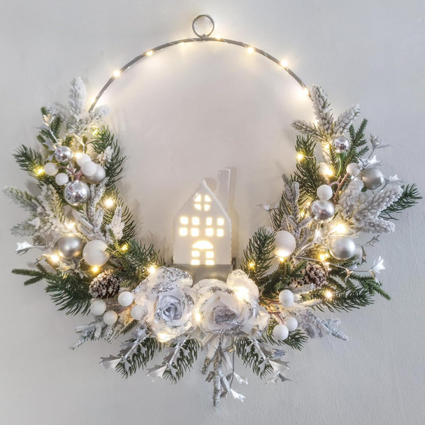 prelit Christmas Hoop Wreath with Lighted House,Farmhouse Winter Wreath with Lights,16inch Silver White Christmas Wreath for Front Door, Winter Xmas Holiday Porch Decor,Modern Mantel Decoration