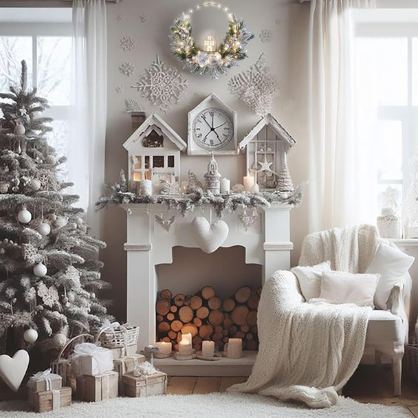 prelit Christmas Hoop Wreath with Lighted House,Farmhouse Winter Wreath with Lights,16inch Silver White Christmas Wreath for Front Door, Winter Xmas Holiday Porch Decor,Modern Mantel Decoration