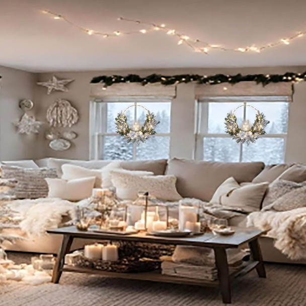 prelit Christmas Hoop Wreath with Lighted House,Farmhouse Winter Wreath with Lights,16inch Silver White Christmas Wreath for Front Door, Winter Xmas Holiday Porch Decor,Modern Mantel Decoration
