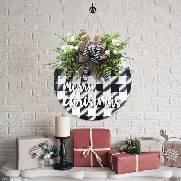 Christmas Wreath Signs,Wood Door Sign, Buffalo Plaid Front Door decor, Farmhouse Wall Decor, Christmas Door Hanger, Christmas door hanging outside Decorations (Black with White)
