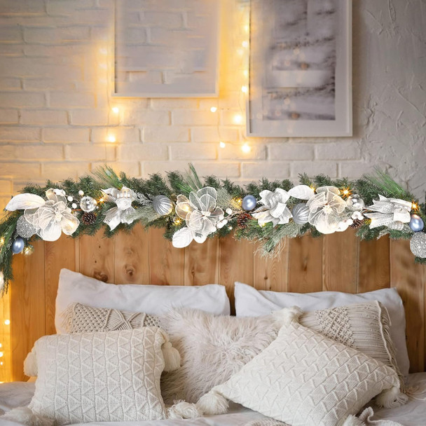 Pre-lit 6 feet Winter White Silver Christmas Garland Decor 20 LED Lights,Garland with Balls and Ribbon Bow,Xmas Decoration on Mantle Fireplace Front Door Indoor Outdoor,Battery Operated