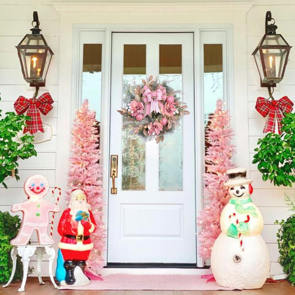22inch Christmas Pink Wreath for Front Door with 30 LED Lights,Elegant Pink Magnolia Christmas Door Wreath,Festive Holiday Decor, Frosted Winter Wreath,Pink Decorations for Christmas and Wedding