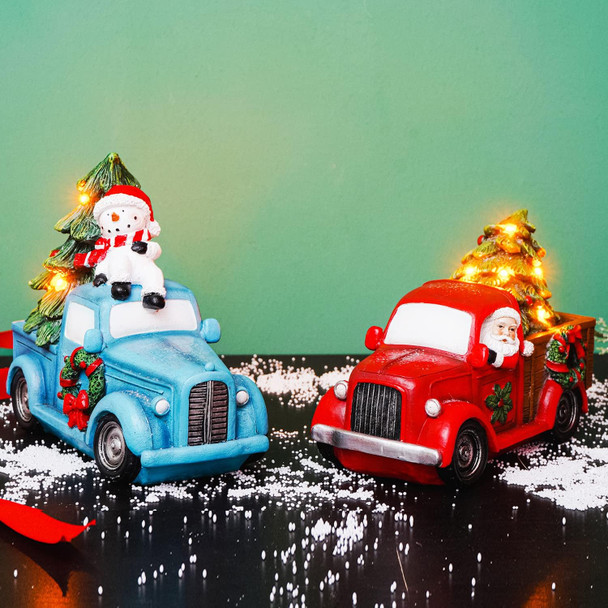 Christmas Truck Snowman Statue Tabletop Decoration with Led Light, Vintage Blue Car Figurine with LED Light Christmas Tree, Christmas Decor for Home & Office, 7''H