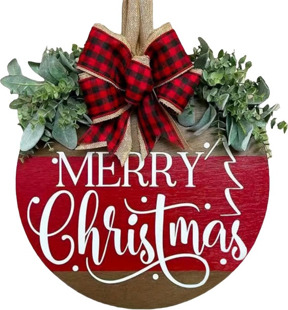 Merry Christmas Door Hanger Sign for Front, Chrismas Welcome Wooden Wreaths Sign with Bow for Winter Farmhouse Garden Porch Decorations (Christmas Door Sign)