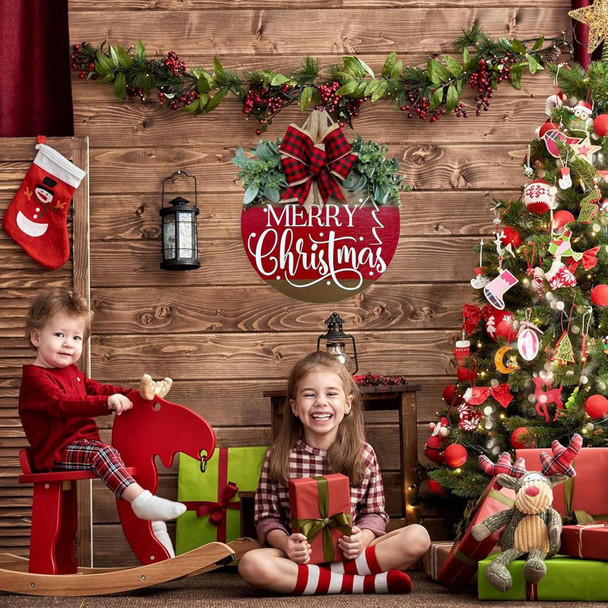 Merry Christmas Hanging Sign for Front Door, Wooden Welcome Wreath with Bow for Holiday Rustic Farmhouse Outdoor Wall Window Decor (Merry Christmas Wreath)