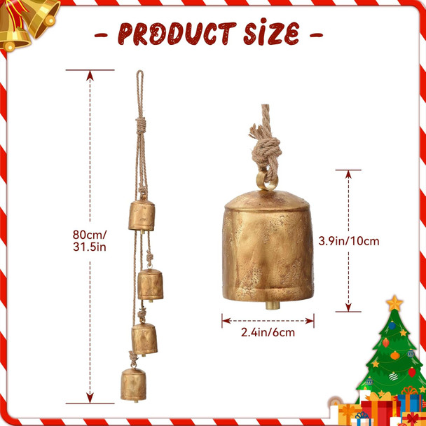 Vintage Gold Bells for Christmas Decorations: Large Christmas Bells with Jute Hanging Rope - Rustic Decorative Bells Metal Cow Bells Hanging Bells for Christmas Wreath Garland Tree Party Staircase