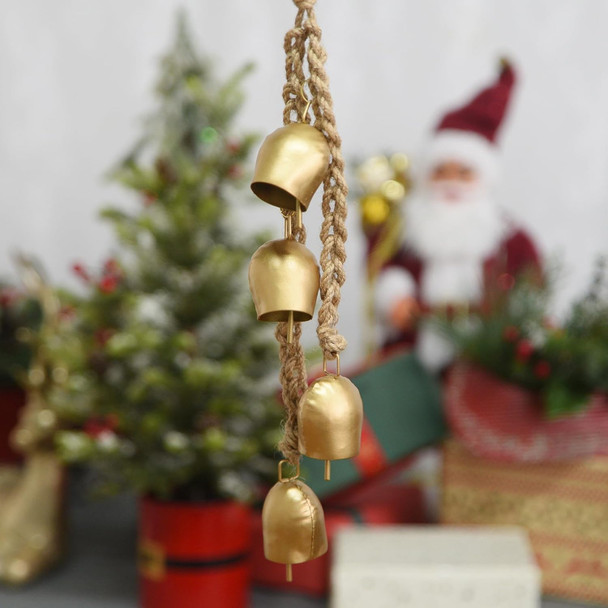 Christmas Bells Vintage Hanging Decorative: Gold Bells Decor with Jute Hanging Rope - Metal Cow Bells Christmas Decor for Christmas Wreath Garland Tree Wedding Party Door Staircase Railings