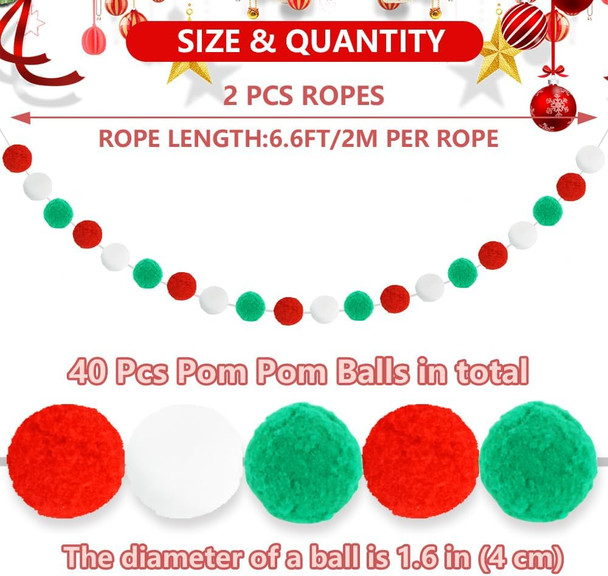 Vuzvuv 2 Pieces 6 Red Green White 1.6" Large Pom Pom Ball Garlands, 6.6 Ft Long 20 Pompom Balls Garland for Wall,Home,School,Classroom,Christmas Tree Decoration and Party Decor