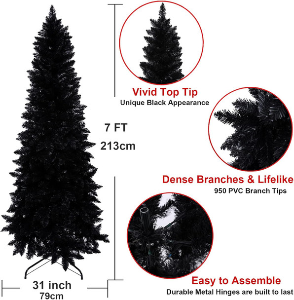 7ft Artificial Pencil Slim Black Christmas Tree Unlit-Tall Skinny Hinged Full Real Tall Halloween Xmas Tree with 950 Branch Tips-Foldable Metal Stand-Easy Setup-Holiday Outdoor Indoor Décor