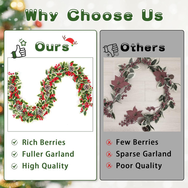 Christmas Garland, 2Pcs Red Berry Garland with Pine Cones, Green Garland Christmas Decorations Indoor, Christmas Tree Garland for Mantle Holly Outdoor Home Table Year Decor
