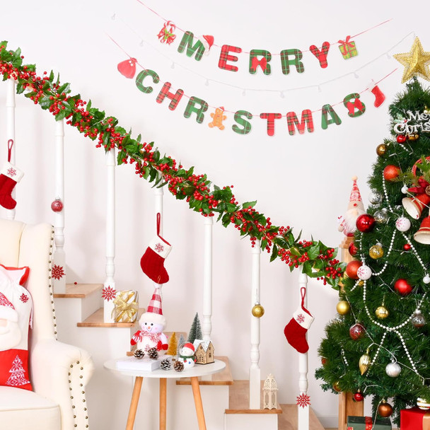 Christmas Garland, Red Berry Garland, Green Garland Christmas Decorations Indoor, Christmas Tree Garland for Mantle Holly Outdoor Home Table Year Decor