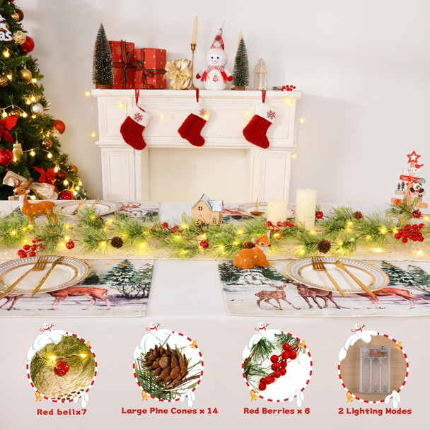 2 Pcs Christmas Garland with Lights, 6.6Ft Prelit Smokey Pine Garland, Lighted Christmas Garland for Mantle with Pine, Red Berry, Christmas Decoration for Winter Xmas Stairs Railing Table Decor